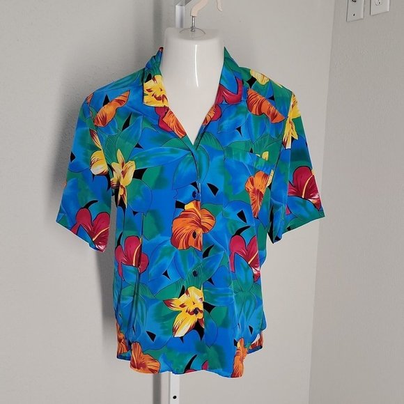 Tan Jay Vintage Button Up Collared Shirt ~ Sz 10 ~ Blue ~ Floral ~ Short Sleeve - Picture 1 of 4